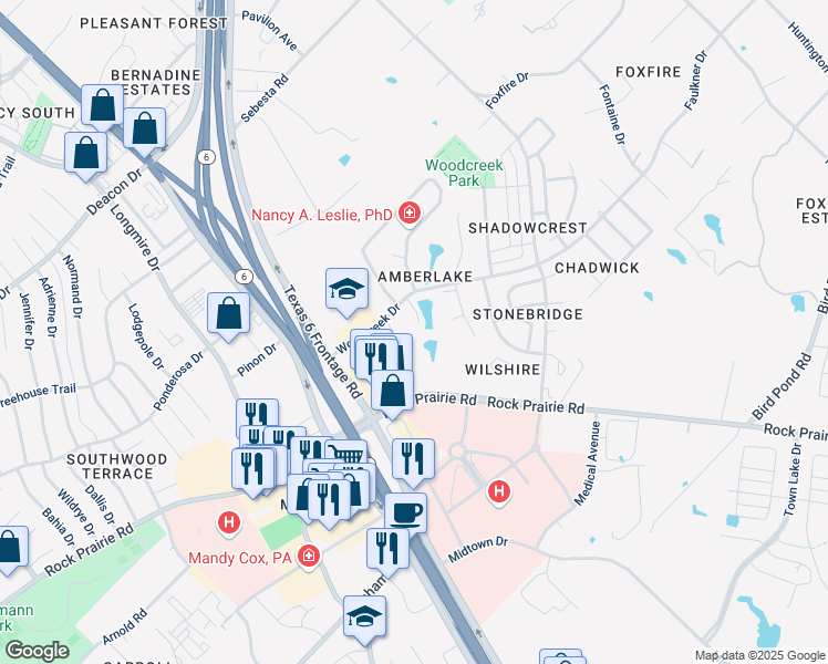 map of restaurants, bars, coffee shops, grocery stores, and more near 9306 Lakeside Court in College Station