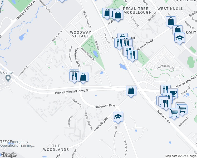 map of restaurants, bars, coffee shops, grocery stores, and more near Jones-Butler Road in College Station