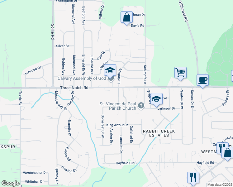 map of restaurants, bars, coffee shops, grocery stores, and more near 5001-5099 Camelot Drive West in Mobile