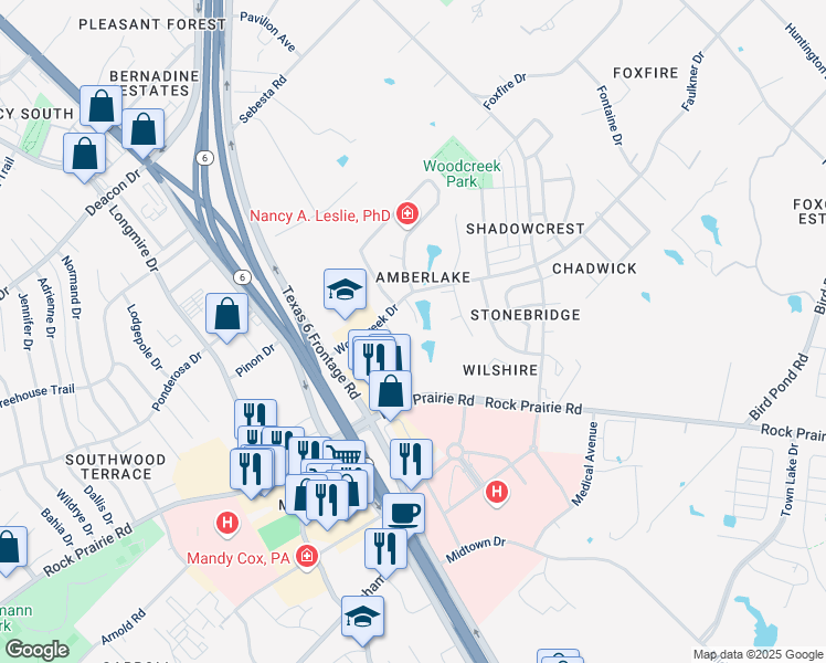 map of restaurants, bars, coffee shops, grocery stores, and more near 9306 Lakeside Court in College Station