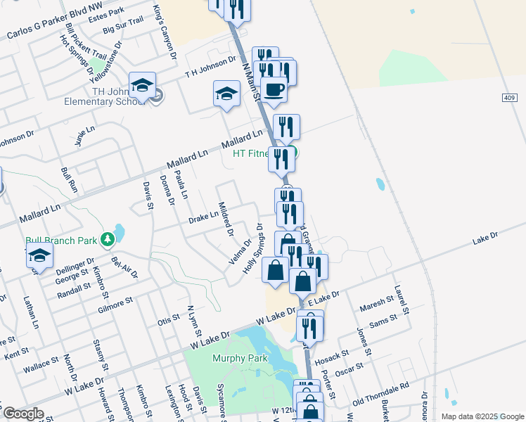 map of restaurants, bars, coffee shops, grocery stores, and more near 219 Dahlberg Boulevard in Taylor