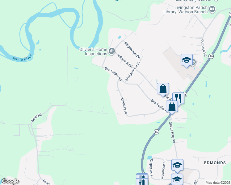 map of restaurants, bars, coffee shops, grocery stores, and more near 7648 Kingsley Drive in Denham Springs