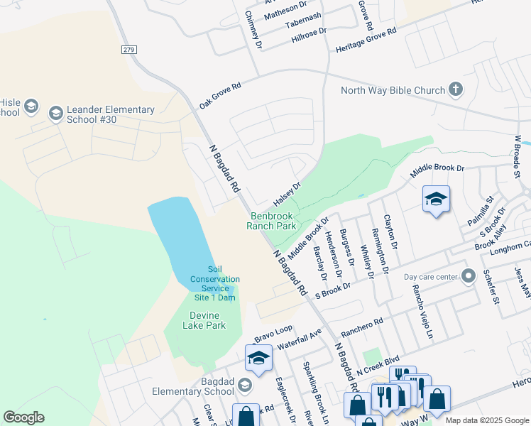 map of restaurants, bars, coffee shops, grocery stores, and more near 1100 Halsey Drive in Leander