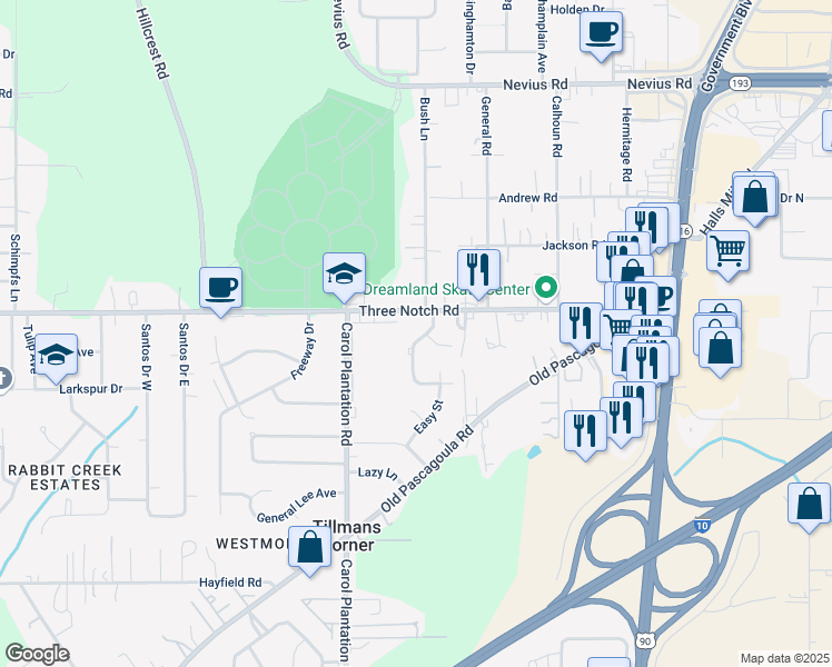 map of restaurants, bars, coffee shops, grocery stores, and more near 4940 Bavarian Drive West in Mobile