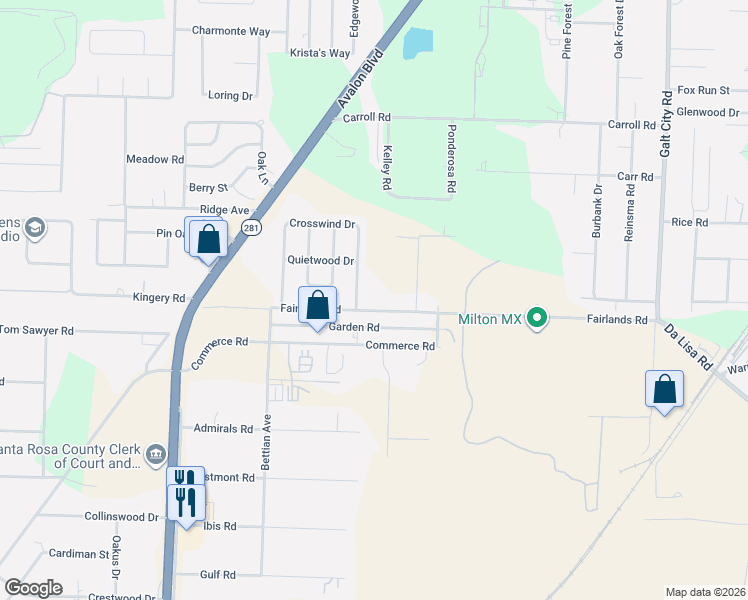 map of restaurants, bars, coffee shops, grocery stores, and more near 5897 Fairlands Road in Milton