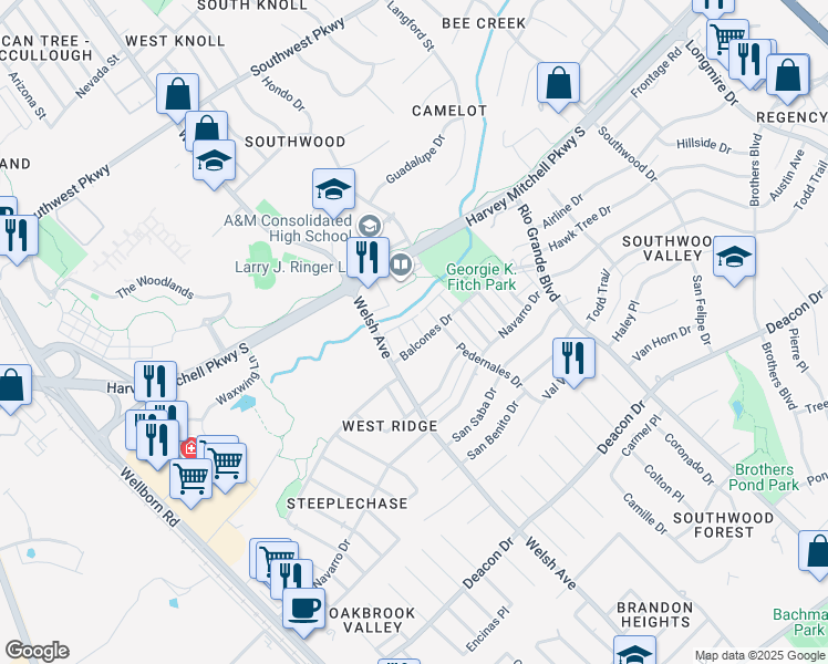 map of restaurants, bars, coffee shops, grocery stores, and more near 701 Balcones Drive in College Station