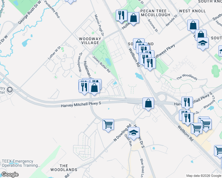 map of restaurants, bars, coffee shops, grocery stores, and more near Jones-Butler Road in College Station