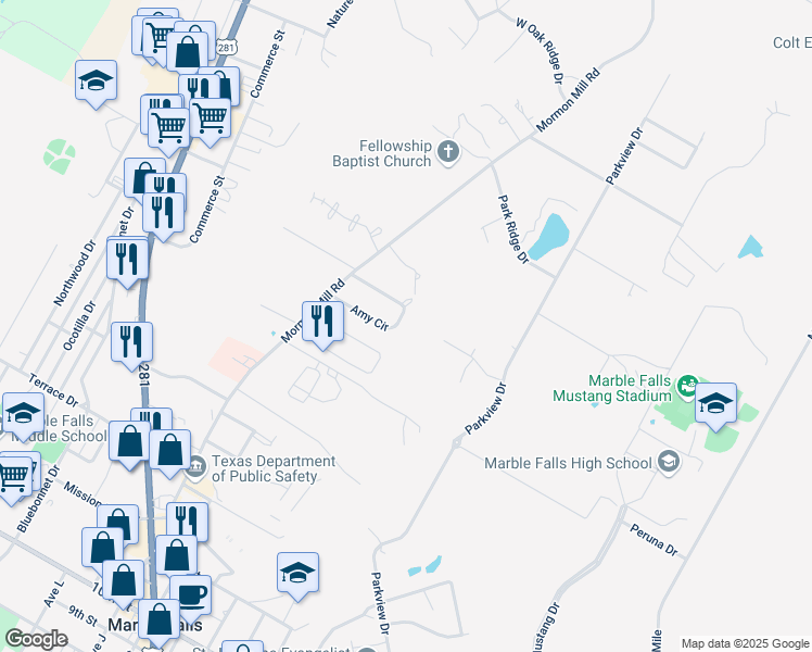map of restaurants, bars, coffee shops, grocery stores, and more near 600 Amy Circle in Marble Falls