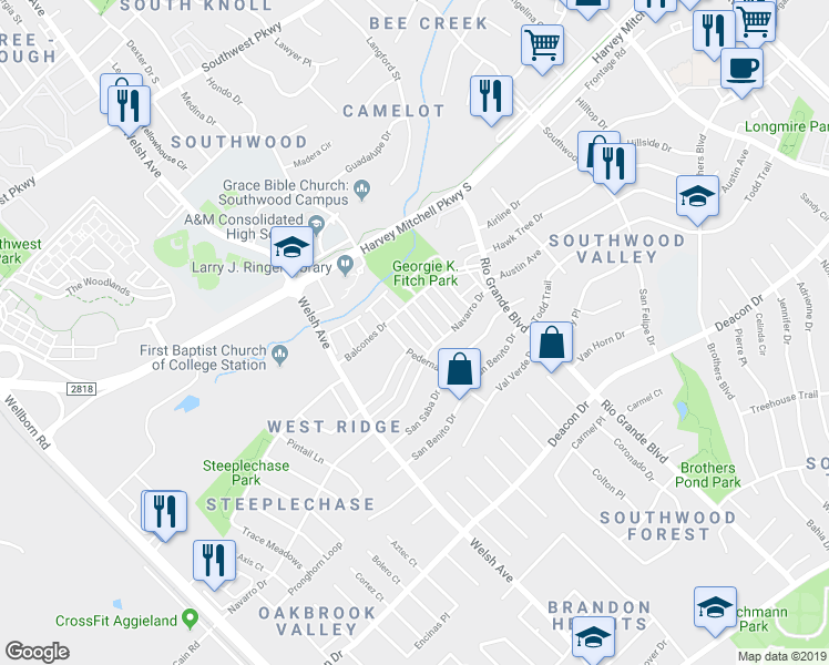 map of restaurants, bars, coffee shops, grocery stores, and more near 2409 Pedernales Drive in College Station