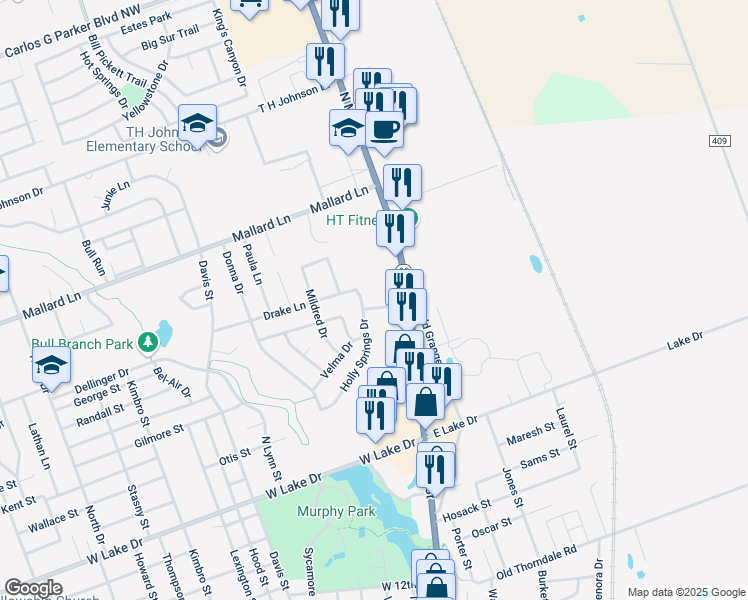 map of restaurants, bars, coffee shops, grocery stores, and more near 219 Dahlberg Boulevard in Taylor