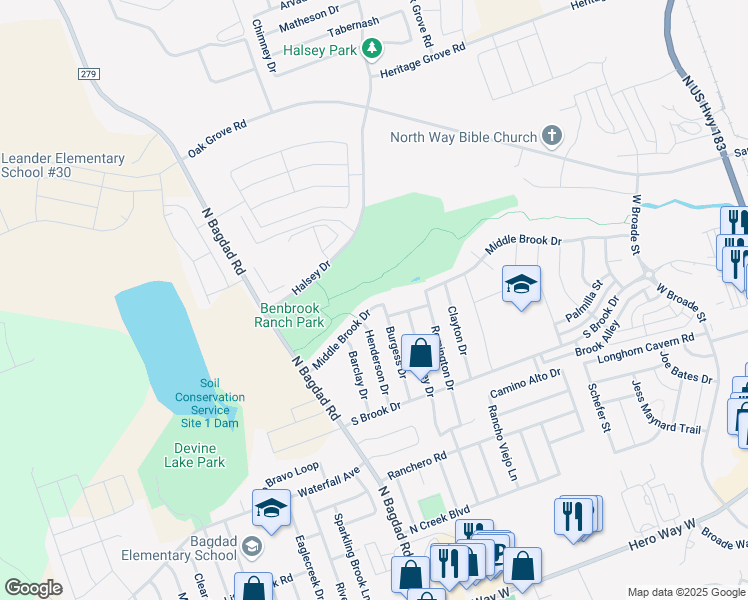 map of restaurants, bars, coffee shops, grocery stores, and more near 905 Middle Brook Drive in Leander