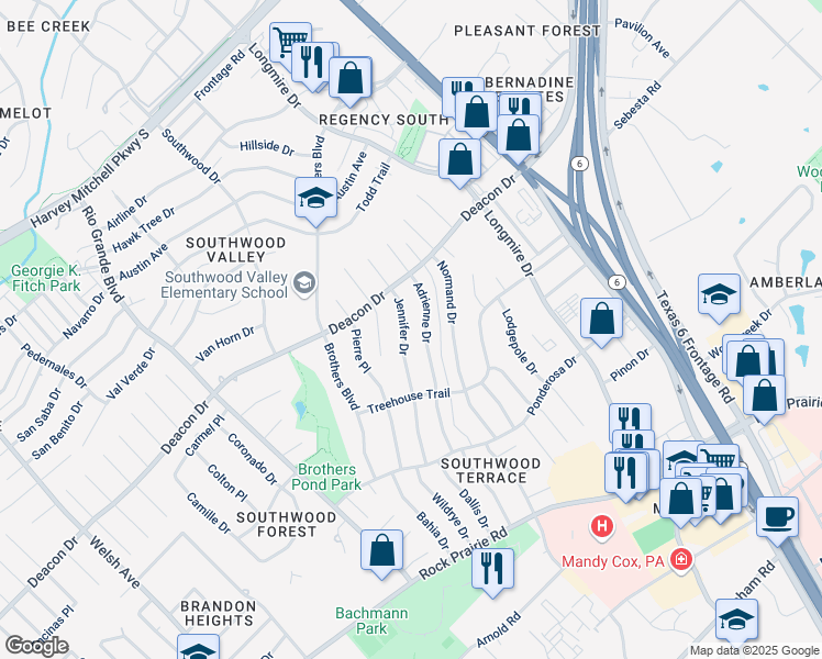 map of restaurants, bars, coffee shops, grocery stores, and more near 2901 Jennifer Drive in College Station
