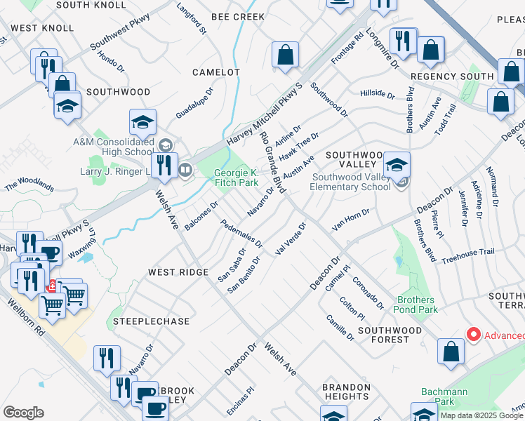 map of restaurants, bars, coffee shops, grocery stores, and more near 916 Navarro Drive in College Station