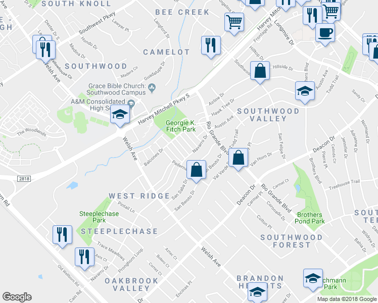 map of restaurants, bars, coffee shops, grocery stores, and more near 916 Navarro Drive in College Station