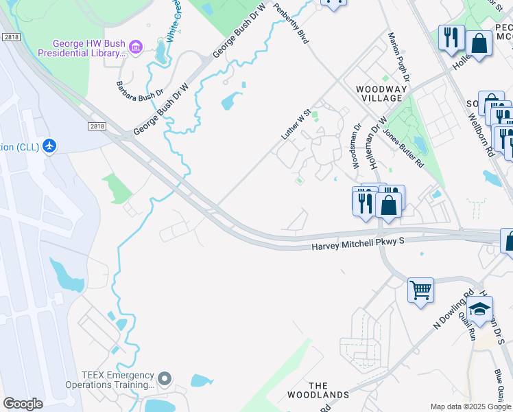map of restaurants, bars, coffee shops, grocery stores, and more near 1101 Luther Street West in College Station