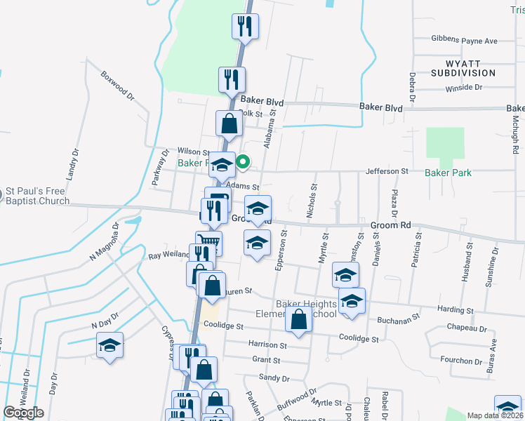 map of restaurants, bars, coffee shops, grocery stores, and more near 3325 Groom Road in Baker