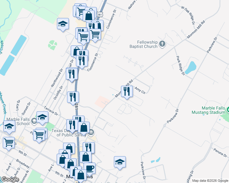 map of restaurants, bars, coffee shops, grocery stores, and more near 1002 Ridge Point Drive in Marble Falls