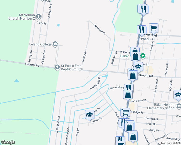 map of restaurants, bars, coffee shops, grocery stores, and more near 1024 Southwest Drive in Baker