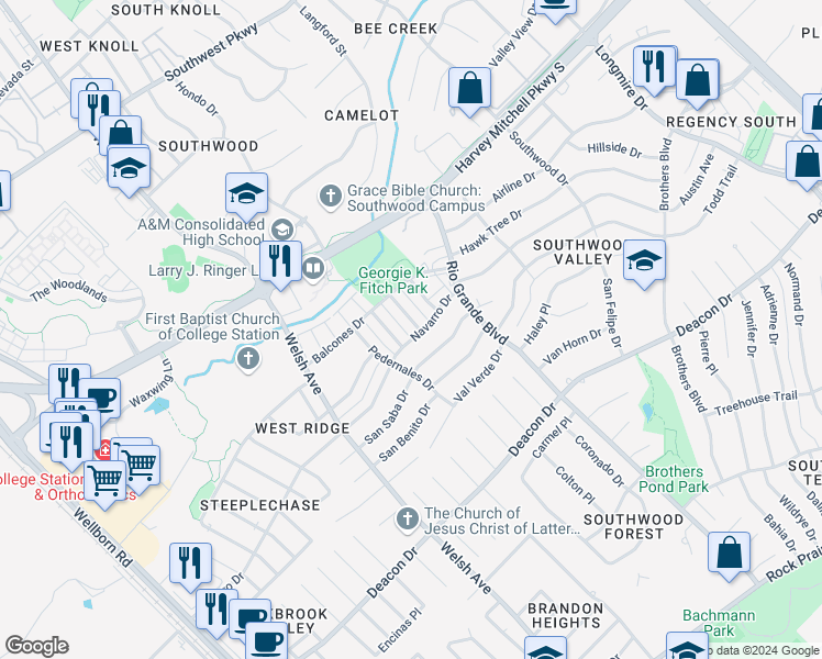 map of restaurants, bars, coffee shops, grocery stores, and more near 2410 Bosque Drive in College Station
