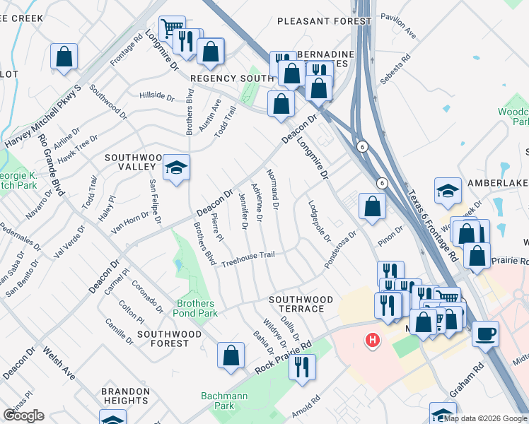 map of restaurants, bars, coffee shops, grocery stores, and more near 2908 Normand Drive in College Station