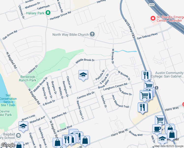 map of restaurants, bars, coffee shops, grocery stores, and more near 941 Swan Flower Street in Leander