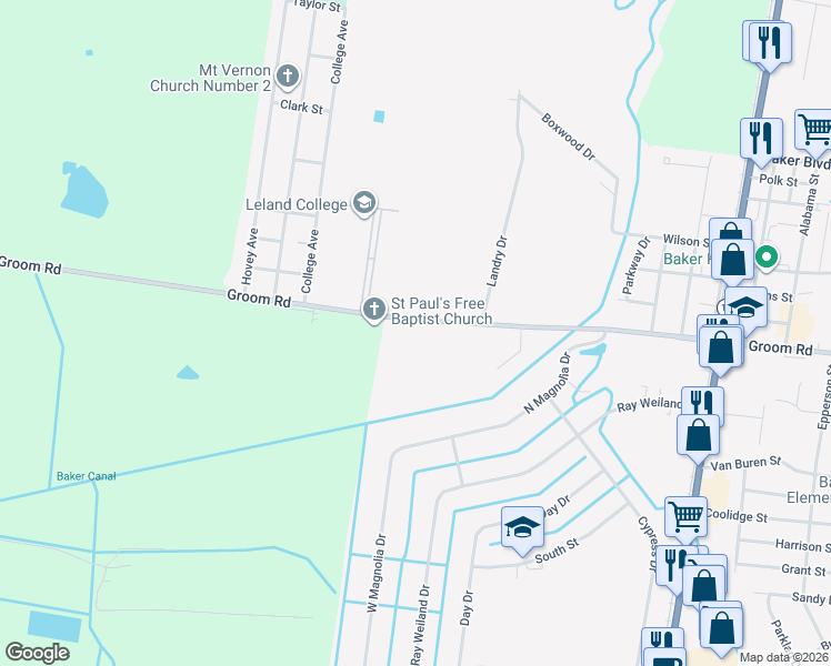 map of restaurants, bars, coffee shops, grocery stores, and more near 2180 Groom Road in Baker
