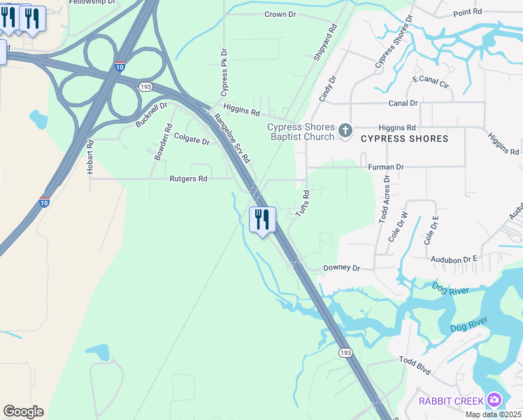 map of restaurants, bars, coffee shops, grocery stores, and more near Rangeline Road in Mobile