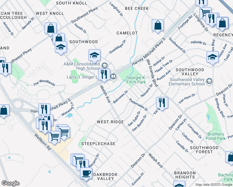 map of restaurants, bars, coffee shops, grocery stores, and more near 2401 Welsh Avenue in College Station