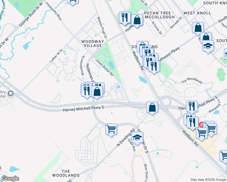 map of restaurants, bars, coffee shops, grocery stores, and more near Jones-Butler Road in College Station