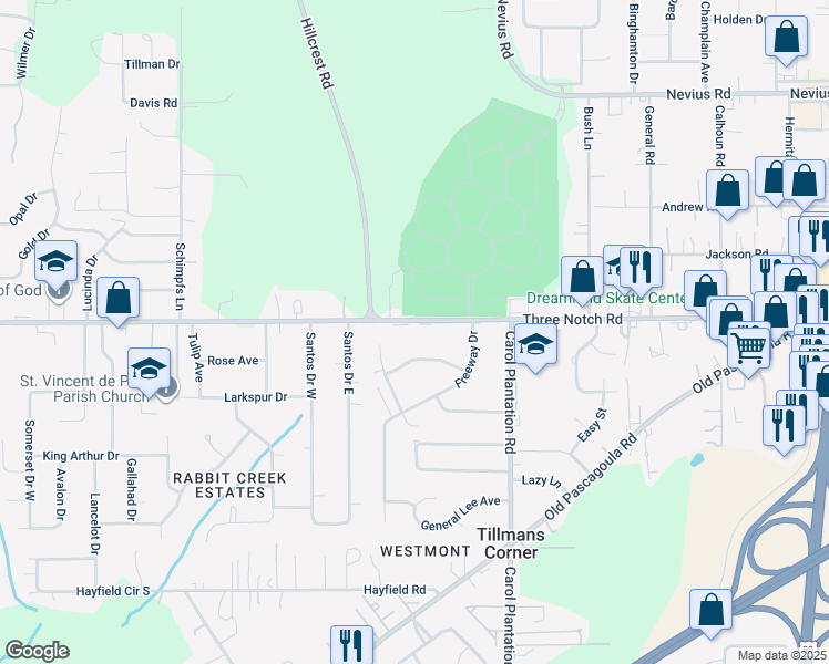 map of restaurants, bars, coffee shops, grocery stores, and more near 6201 Three Notch Road in Mobile