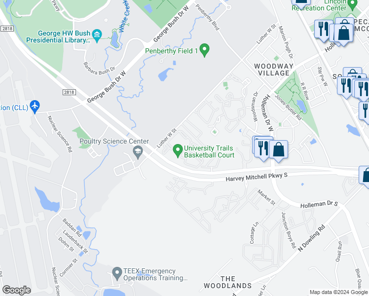 map of restaurants, bars, coffee shops, grocery stores, and more near 1101 Luther West Street in College Station