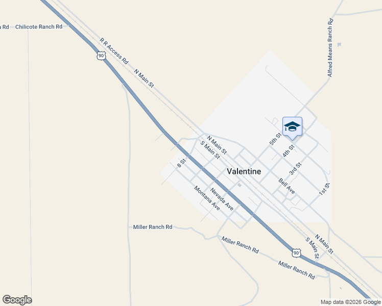 map of restaurants, bars, coffee shops, grocery stores, and more near 8 Street in Valentine