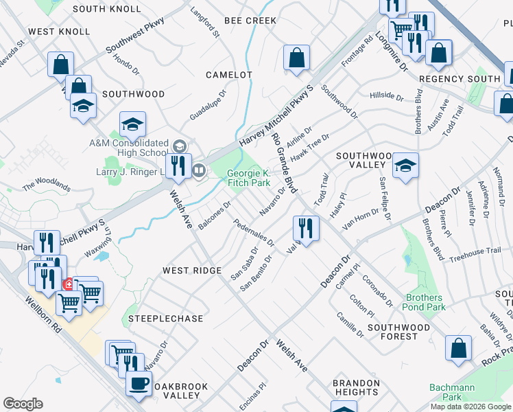 map of restaurants, bars, coffee shops, grocery stores, and more near 916 Navarro Drive in College Station