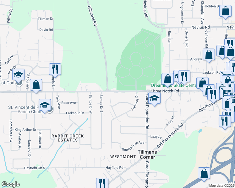 map of restaurants, bars, coffee shops, grocery stores, and more near 6223 Three Notch Road in Mobile
