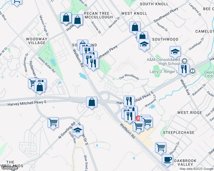map of restaurants, bars, coffee shops, grocery stores, and more near 1711 Harvey Mitchell Parkway South in College Station
