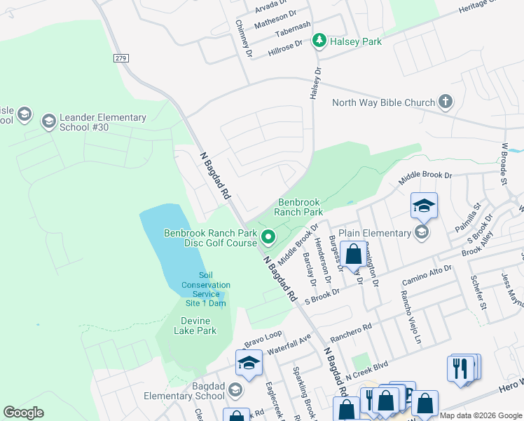 map of restaurants, bars, coffee shops, grocery stores, and more near 1101 Halsey Drive in Leander