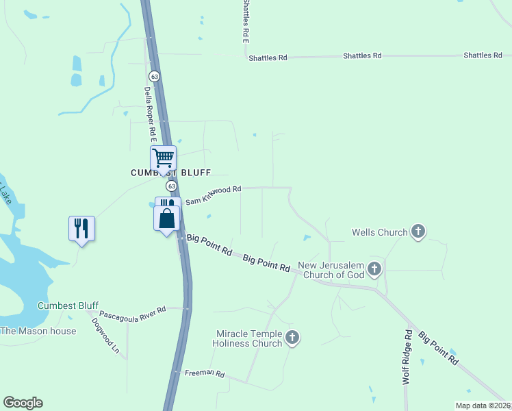 map of restaurants, bars, coffee shops, grocery stores, and more near 3232 Sam Kirkwood Road in Moss Point