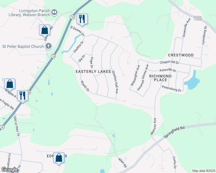 map of restaurants, bars, coffee shops, grocery stores, and more near 36292 Lucas Drive in Denham Springs