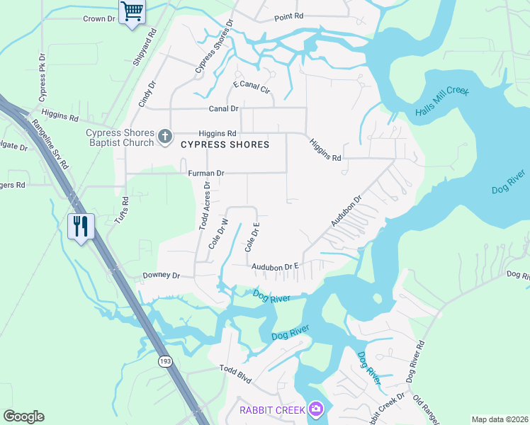 map of restaurants, bars, coffee shops, grocery stores, and more near 4879 Colby Road in Mobile