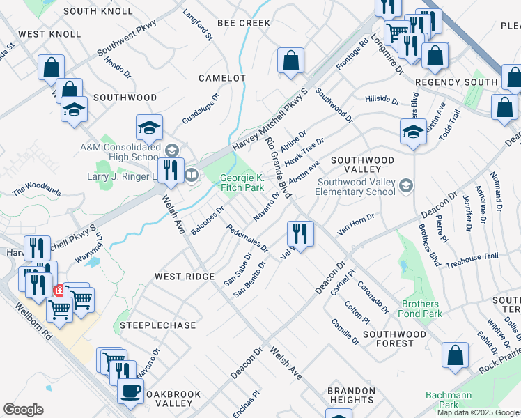 map of restaurants, bars, coffee shops, grocery stores, and more near 2406 Blanco Drive in College Station
