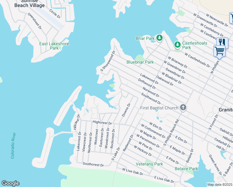map of restaurants, bars, coffee shops, grocery stores, and more near 802 Misty Downs Drive in Marble Falls