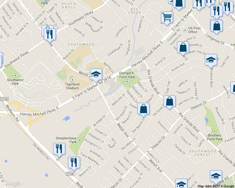 map of restaurants, bars, coffee shops, grocery stores, and more near 903 Balcones Drive in College Station