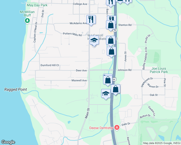 map of restaurants, bars, coffee shops, grocery stores, and more near 830 County Road 98 in Daphne