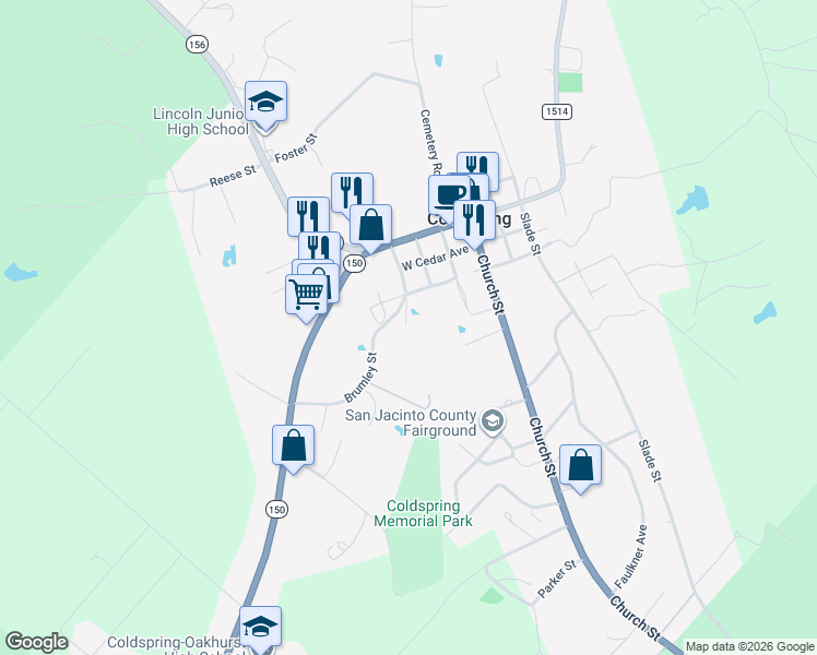 map of restaurants, bars, coffee shops, grocery stores, and more near 165 West Pine Avenue in Coldspring