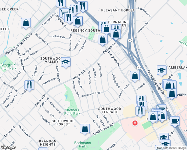 map of restaurants, bars, coffee shops, grocery stores, and more near 2806 Adrienne Drive in College Station