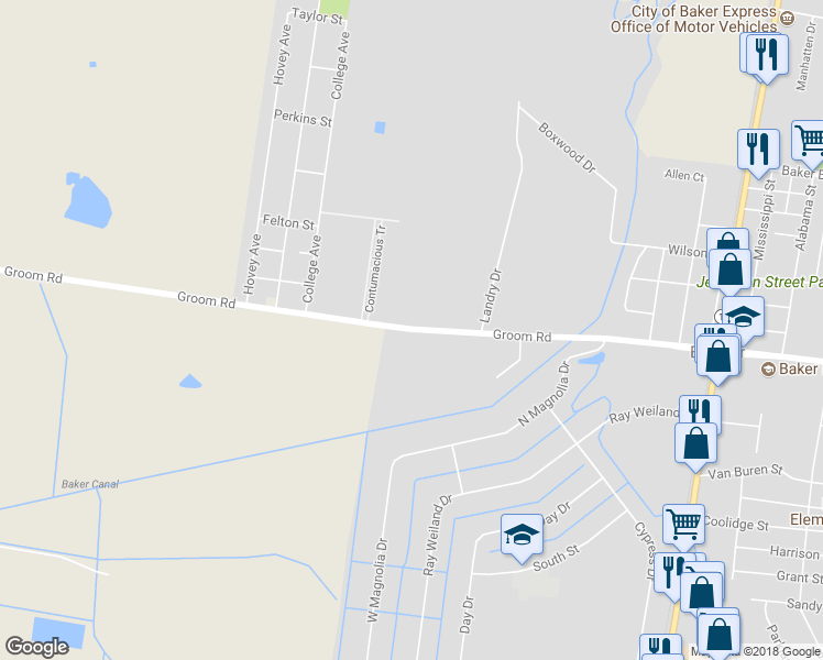 map of restaurants, bars, coffee shops, grocery stores, and more near 2180 Groom Road in Baker