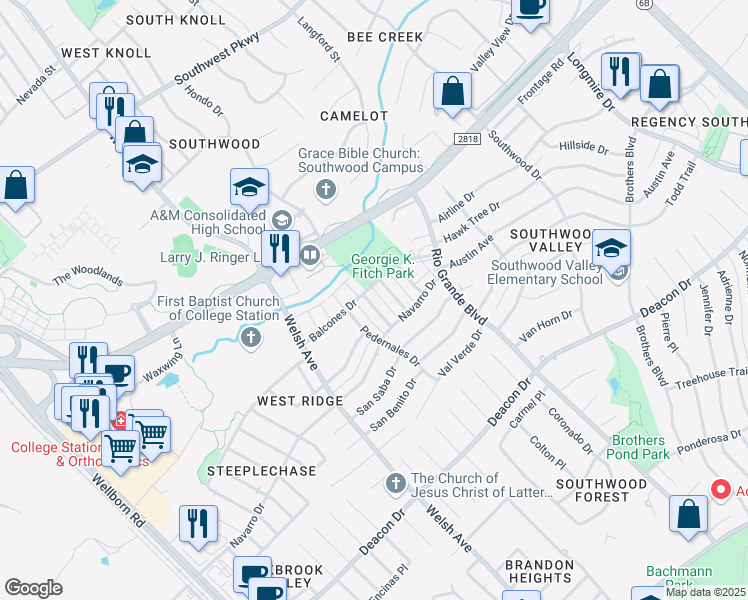 map of restaurants, bars, coffee shops, grocery stores, and more near 2403 Bandera Drive in College Station