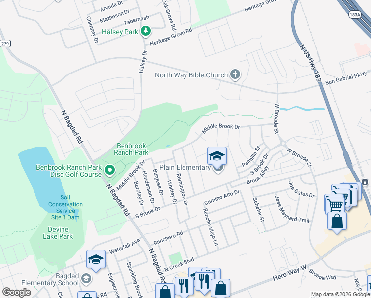 map of restaurants, bars, coffee shops, grocery stores, and more near 703 Middle Brook Drive in Leander
