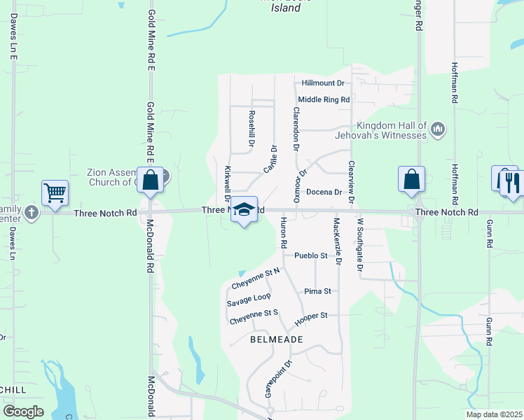 map of restaurants, bars, coffee shops, grocery stores, and more near 4868 Rosemont Circle in Mobile