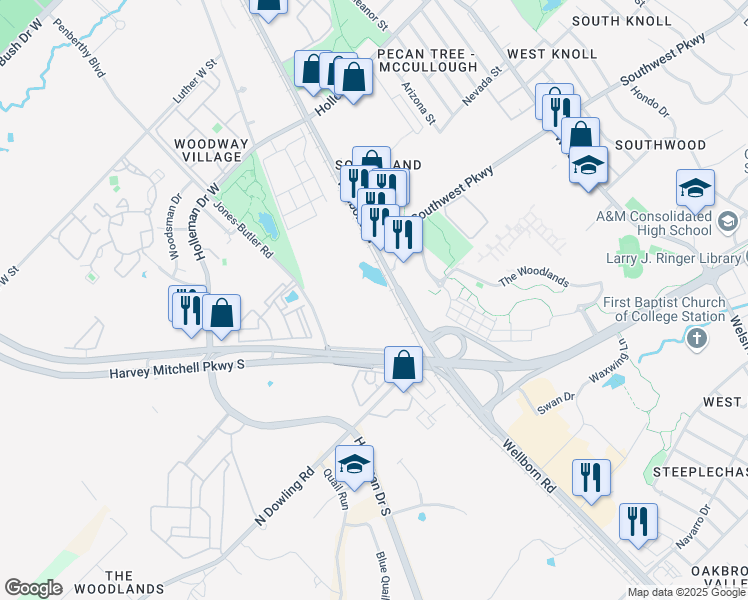 map of restaurants, bars, coffee shops, grocery stores, and more near 1800 Wellborn Road in College Station